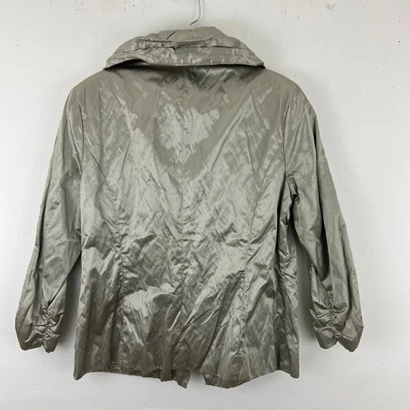 Chicos Size 1 M Metallic Crinkle Jacket Silver - Drawstring Collar Pockets - Picture 8 of 8